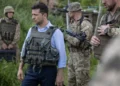 Ukrainian President Volodymyr Zelenskyy visits troops at a frontline position in eastern Ukraine during an official military visit.
