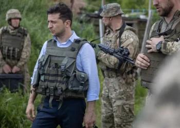 Ukrainian President Volodymyr Zelenskyy visits troops at a frontline position in eastern Ukraine during an official military visit.