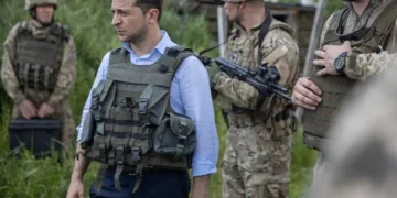 Ukrainian President Volodymyr Zelenskyy visits troops at a frontline position in eastern Ukraine during an official military visit.