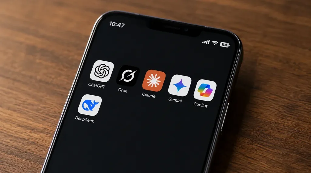 Smartphone displaying ChatGPT, Grok, Claude, Gemini, Copilot and DeepSeek apps on a wooden surface.