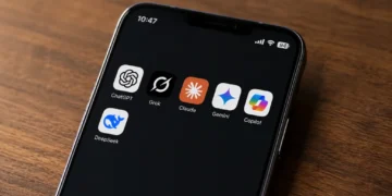 Smartphone displaying ChatGPT, Grok, Claude, Gemini, Copilot and DeepSeek apps on a wooden surface.