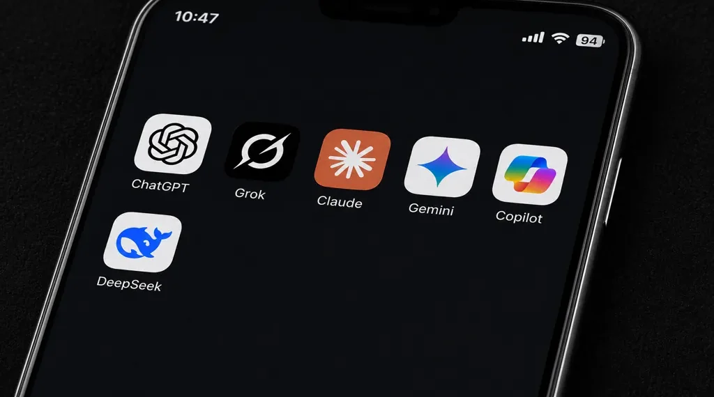 Mobile screen captured by JournosNews displaying ChatGPT, Grok, Claude, Gemini, Copilot and DeepSeek AI applications.