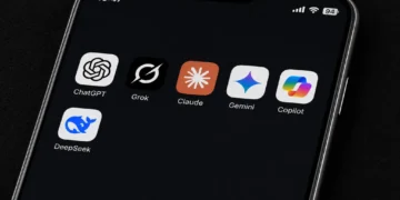 Mobile screen captured by JournosNews displaying ChatGPT, Grok, Claude, Gemini, Copilot and DeepSeek AI applications.