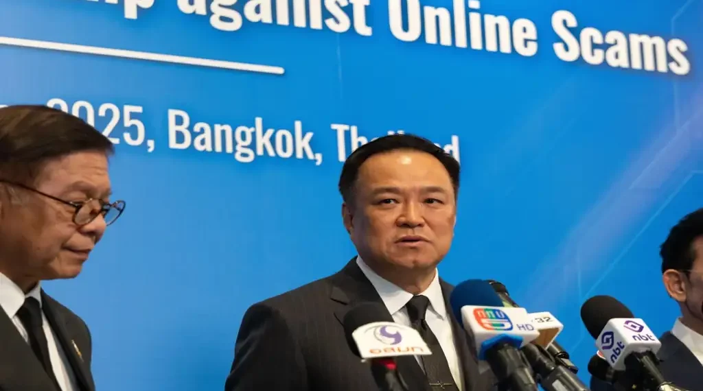 Thai Prime Minister Anutin Charnvirakul attends a press conference during an international conference on combating online scams in Bangkok.