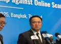 Thai Prime Minister Anutin Charnvirakul attends a press conference during an international conference on combating online scams in Bangkok.