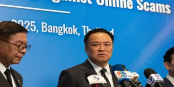 Thai Prime Minister Anutin Charnvirakul attends a press conference during an international conference on combating online scams in Bangkok.