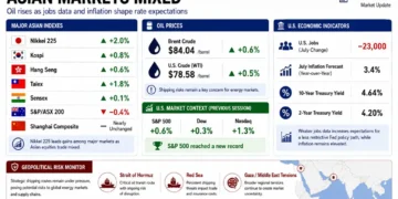 JournosNews market graphic showing mixed Asian indexes, rising oil prices, U.S. economic indicators and geopolitical energy risks.