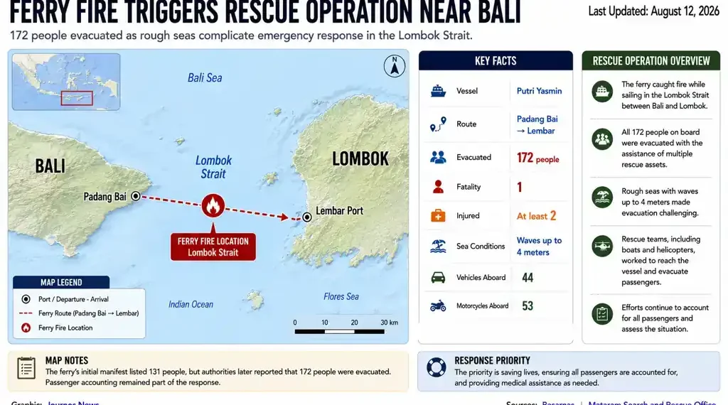 Map showing ferry fire rescue operation in Lombok Strait after 172 passengers were evacuated between Bali and Lombok