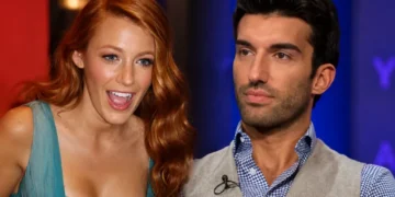 Blake Lively and Justin Baldoni appear together in a composite editorial portrait assembled from separately sourced photographs.
