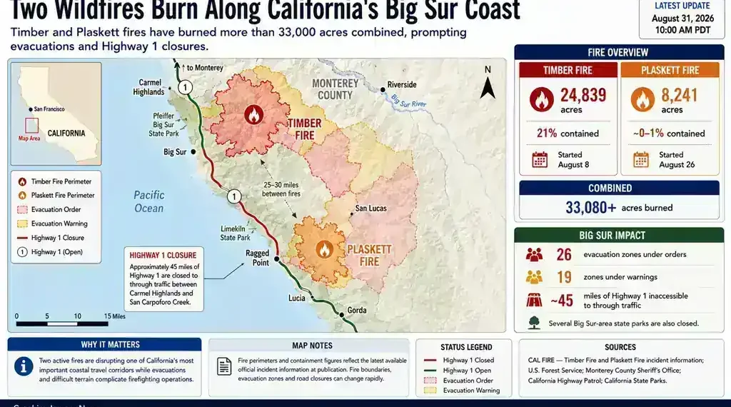 Map graphic showing California’s Big Sur Timber and Plaskett wildfires, burned acreage, evacuation zones, Highway 1 closure, and containment.