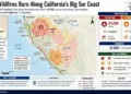 Map graphic showing California’s Big Sur Timber and Plaskett wildfires, burned acreage, evacuation zones, Highway 1 closure, and containment.