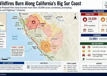 Map graphic showing California’s Big Sur Timber and Plaskett wildfires, burned acreage, evacuation zones, Highway 1 closure, and containment.