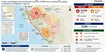 Map graphic showing California’s Big Sur Timber and Plaskett wildfires, burned acreage, evacuation zones, Highway 1 closure, and containment.