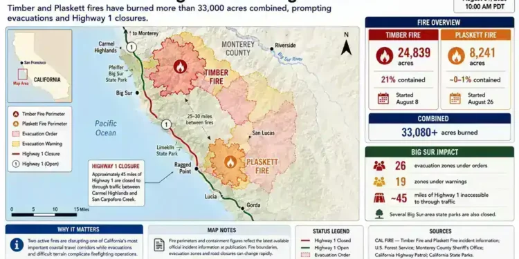 Map graphic showing California’s Big Sur Timber and Plaskett wildfires, burned acreage, evacuation zones, Highway 1 closure, and containment.