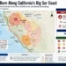 Map graphic showing California’s Big Sur Timber and Plaskett wildfires, burned acreage, evacuation zones, Highway 1 closure, and containment.