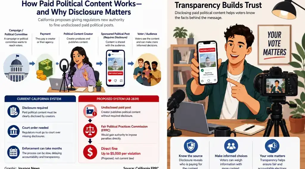 Editorial explainer showing how paid political content moves from campaigns to creators and voters, and why disclosure matters in California.