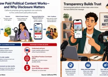 Editorial explainer showing how paid political content moves from campaigns to creators and voters, and why disclosure matters in California.
