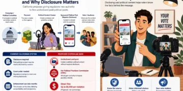 Editorial explainer showing how paid political content moves from campaigns to creators and voters, and why disclosure matters in California.