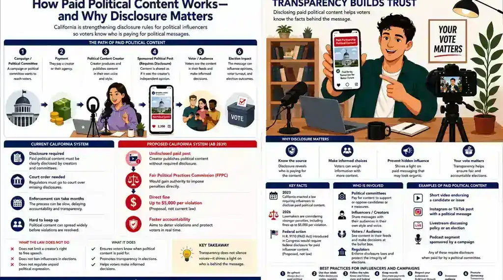 Editorial graphic explaining California rules for paid political content, disclosure requirements, campaign influence, and voter transparency.