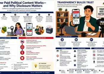 Editorial graphic explaining California rules for paid political content, disclosure requirements, campaign influence, and voter transparency.