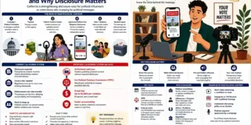 Editorial graphic explaining California rules for paid political content, disclosure requirements, campaign influence, and voter transparency.