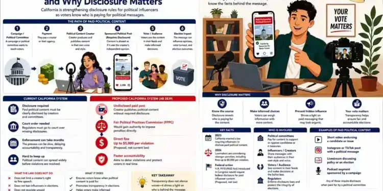 Editorial graphic explaining California rules for paid political content, disclosure requirements, campaign influence, and voter transparency.