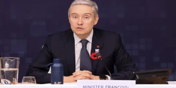 Canada’s innovation minister speaks during a frontier artificial intelligence safety roundtable at Bletchley Park in the United Kingdom.