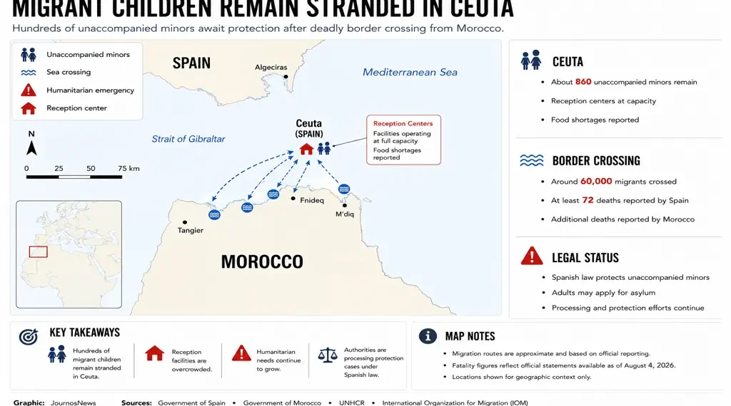 Locator map showing migration routes from northern Morocco to Spain's enclave of Ceuta, highlighting stranded unaccompanied migrant children, reception centers, and humanitarian conditions.
