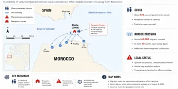 Locator map showing migration routes from northern Morocco to Spain's enclave of Ceuta, highlighting stranded unaccompanied migrant children, reception centers, and humanitarian conditions.