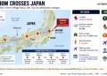 JournosNews graphic showing Chan-hom’s track across Japan, landfall in southern Ibaraki, reported injuries, power outages and storm impacts.