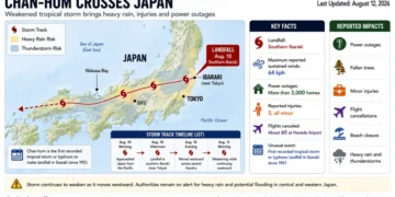 JournosNews graphic showing Chan-hom’s track across Japan, landfall in southern Ibaraki, reported injuries, power outages and storm impacts.