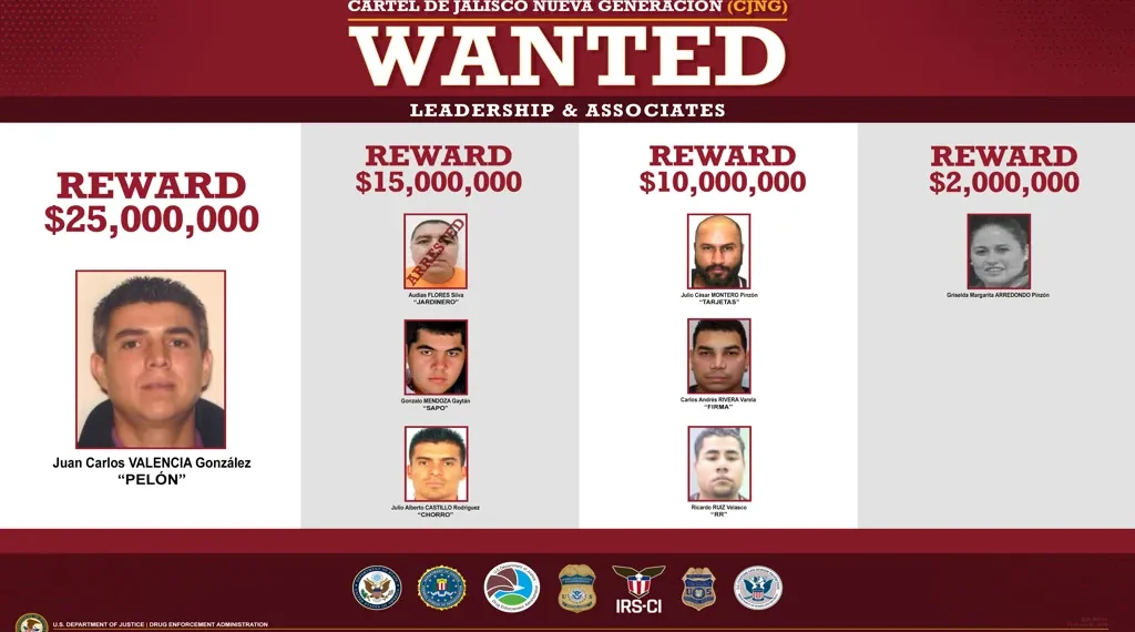 DEA wanted poster displaying eight senior CJNG cartel leaders targeted by new U.S. criminal charges and reward offers announced in August 2026.