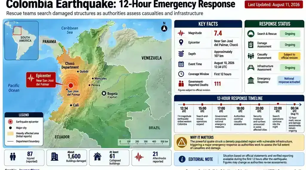 JournosNews graphic showing Colombia’s 12-hour emergency response after a magnitude 7.4 earthquake near San José del Palmar, Chocó.