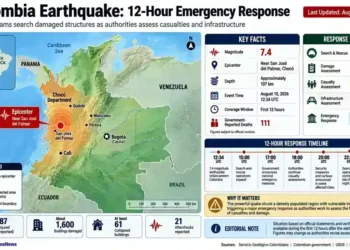 JournosNews graphic showing Colombia’s 12-hour emergency response after a magnitude 7.4 earthquake near San José del Palmar, Chocó.