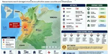JournosNews graphic showing Colombia’s 12-hour emergency response after a magnitude 7.4 earthquake near San José del Palmar, Chocó.