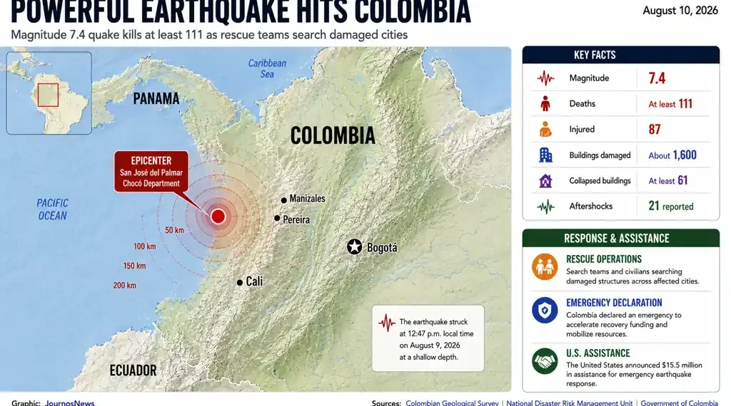 Map shows a magnitude 7.4 earthquake epicenter in Colombia's Chocó Department and reported damage across affected areas.
