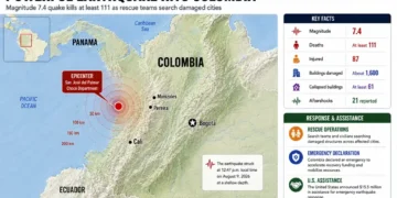 Map shows a magnitude 7.4 earthquake epicenter in Colombia's Chocó Department and reported damage across affected areas.