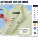 Map shows a magnitude 7.4 earthquake epicenter in Colombia's Chocó Department and reported damage across affected areas.
