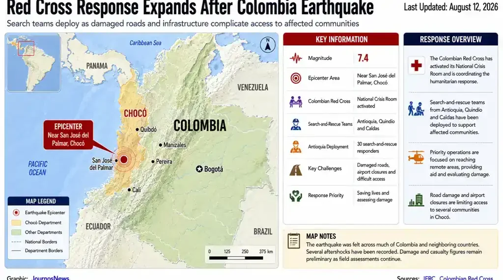 Map and response graphic showing Red Cross search teams expanding operations after Colombia's magnitude 7.4 earthquake