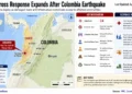 Map and response graphic showing Red Cross search teams expanding operations after Colombia's magnitude 7.4 earthquake