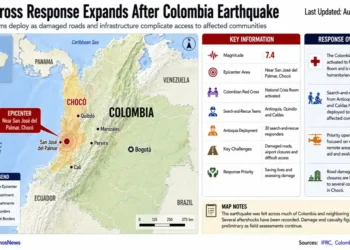 Map and response graphic showing Red Cross search teams expanding operations after Colombia's magnitude 7.4 earthquake