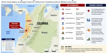 Map and response graphic showing Red Cross search teams expanding operations after Colombia's magnitude 7.4 earthquake
