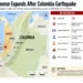 Map and response graphic showing Red Cross search teams expanding operations after Colombia's magnitude 7.4 earthquake