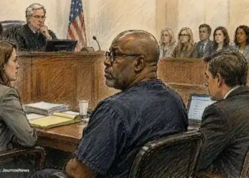 Courtroom illustration showing a defendant seated with lawyers before a judge, with attorneys and court observers visible in the background.