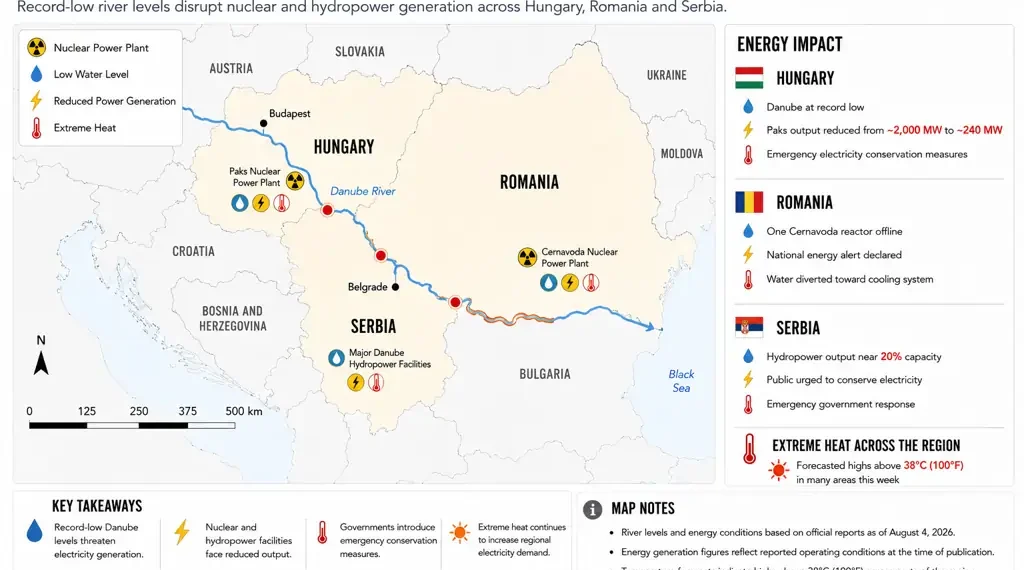 Locator map showing record-low Danube River water levels affecting nuclear and hydropower generation in Hungary, Romania, and Serbia, with key energy infrastructure and impacted areas.