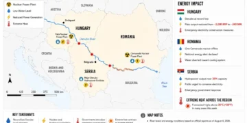 Locator map showing record-low Danube River water levels affecting nuclear and hydropower generation in Hungary, Romania, and Serbia, with key energy infrastructure and impacted areas.