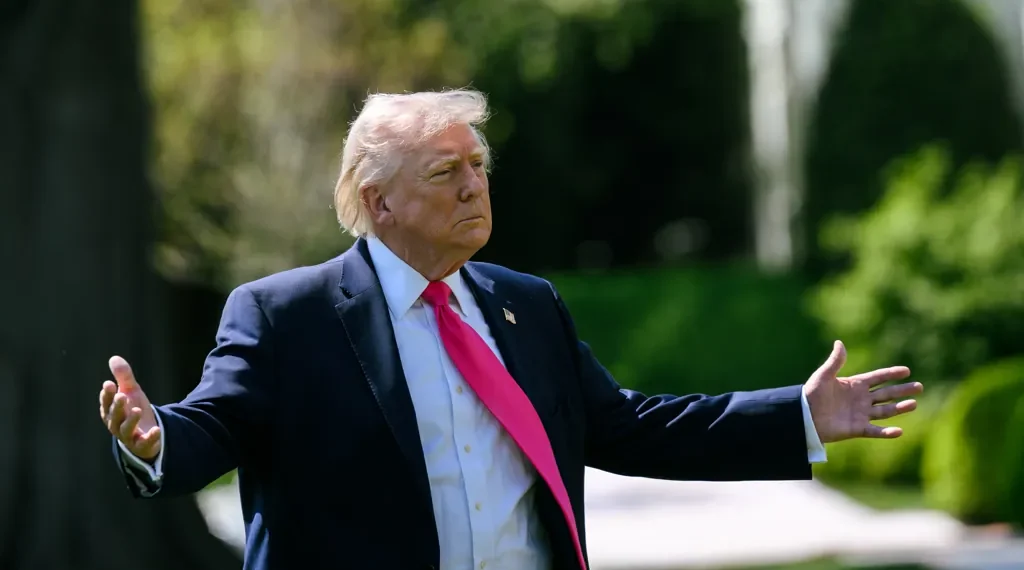 President Donald Trump speaks with reporters on the South Lawn of the White House before boarding Marine One for a trip to Las Vegas on April 16, 2026.