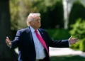 President Donald Trump speaks with reporters on the South Lawn of the White House before boarding Marine One for a trip to Las Vegas on April 16, 2026.
