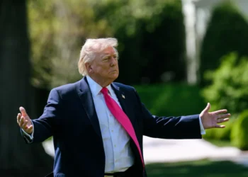 President Donald Trump speaks with reporters on the South Lawn of the White House before boarding Marine One for a trip to Las Vegas on April 16, 2026.