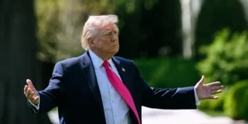 President Donald Trump speaks with reporters on the South Lawn of the White House before boarding Marine One for a trip to Las Vegas on April 16, 2026.
